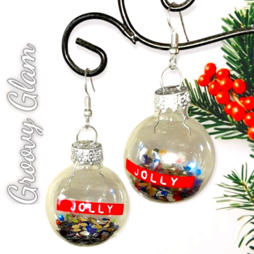 GROOVY GLAM Handmade Jolly Graphic Clear Glitter Filled Ornament Earrings